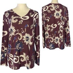 Chico's Floral Maroon Tee Shirt Size 2 (Large/12) Light Long Sleeve V-Neck Top